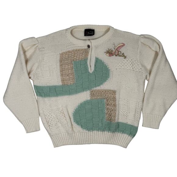 Vintage 80s Maribetza Sweater Women’s M White Knit Beaded Embroidered Abstract - Picture 1 of 5